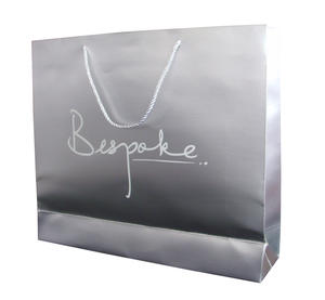 silver paper bag with hot stamped white logo